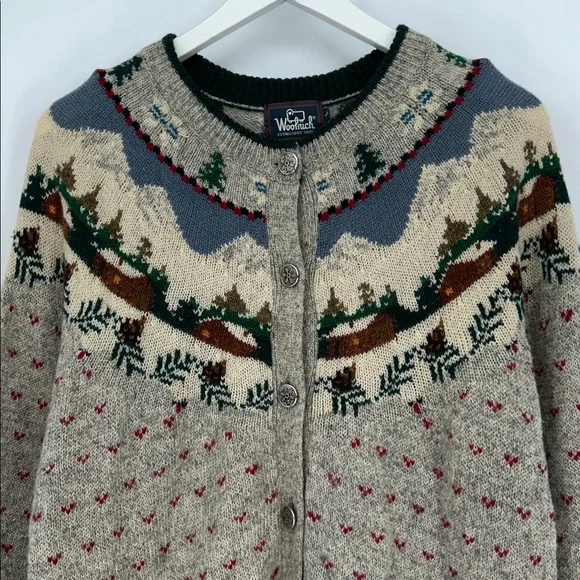 Vintage Woolrich Gray Fair Isle Wool Cardigan Sweater Nordic Button Front Size L - Picture 6 of 11